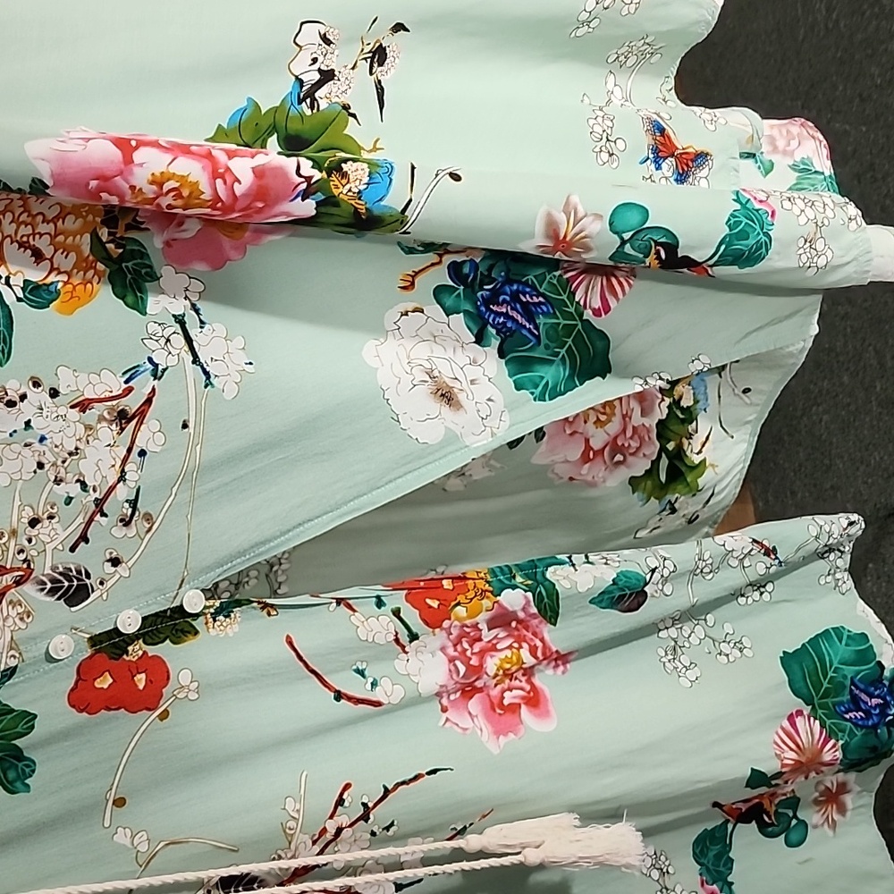 Amzplus Dress Floral Smocked Boho Tassled Tie Front Maxi Green Plus Size 3XL - Picture 7 of 16